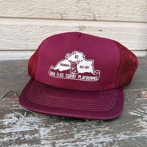 Vintage 1986 ELKS CORBY PLAYDOWNS hunting hat burgundy trucker snapback mesh